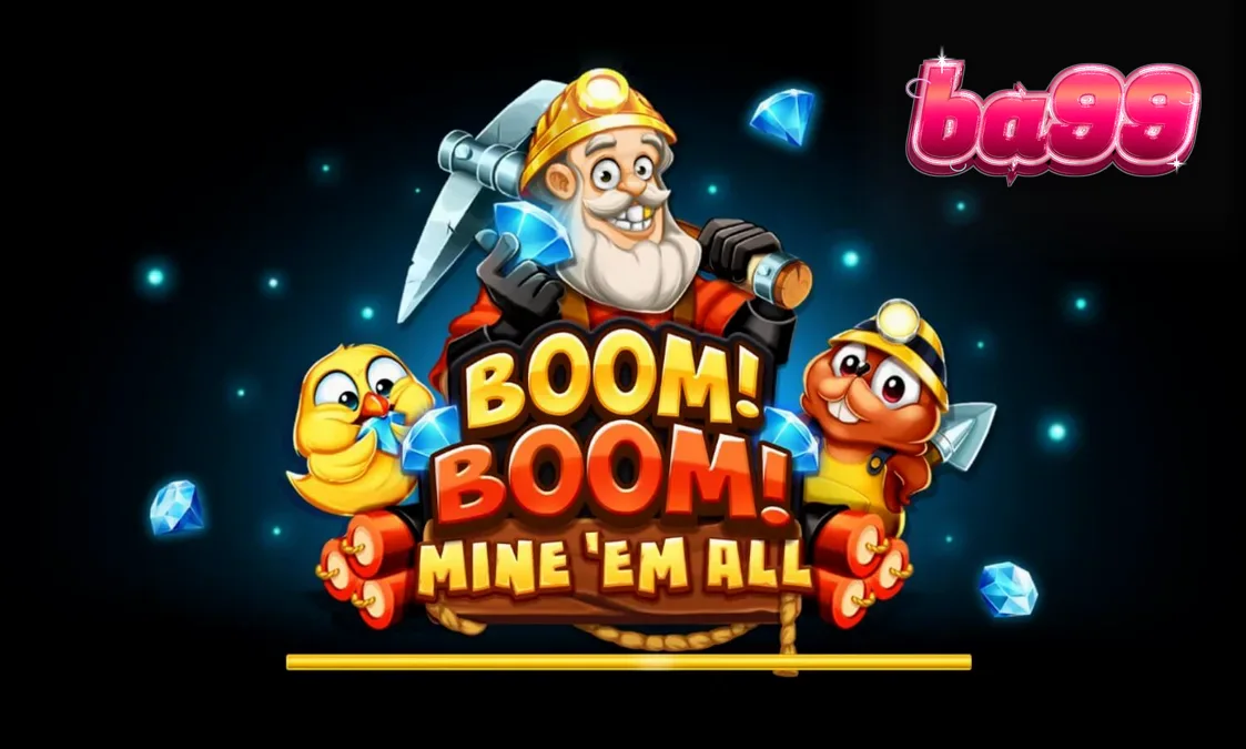 Boom! Boom! Mine ‘Em All স্লট গেমের একটি দৃশ্য যেখানে খনির সরঞ্জাম এবং বিস্ফোরক দেখা যাচ্ছে